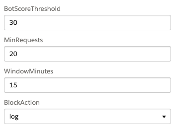 Business Manager job step parameters: BotScoreThreshold 30, MinRequests 20, WindowMinutes 15, BlockAction log
