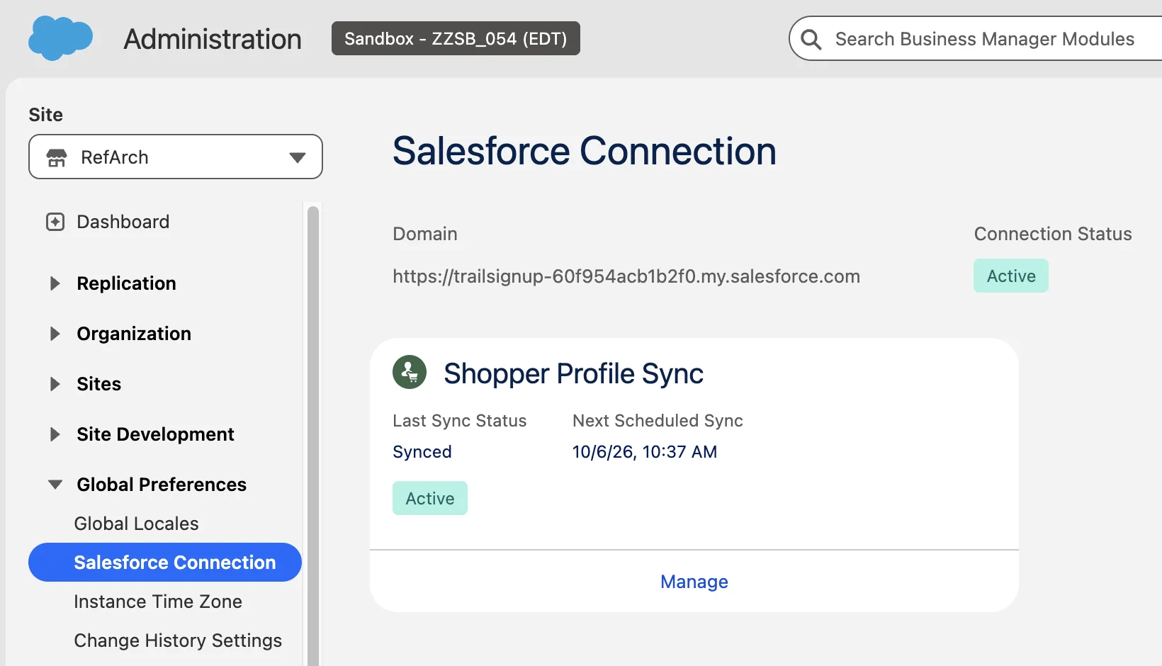 Business Manager Salesforce Connection page with an active connection and the Shopper Profile Sync card showing Last Sync Status: Synced and the next scheduled sync time